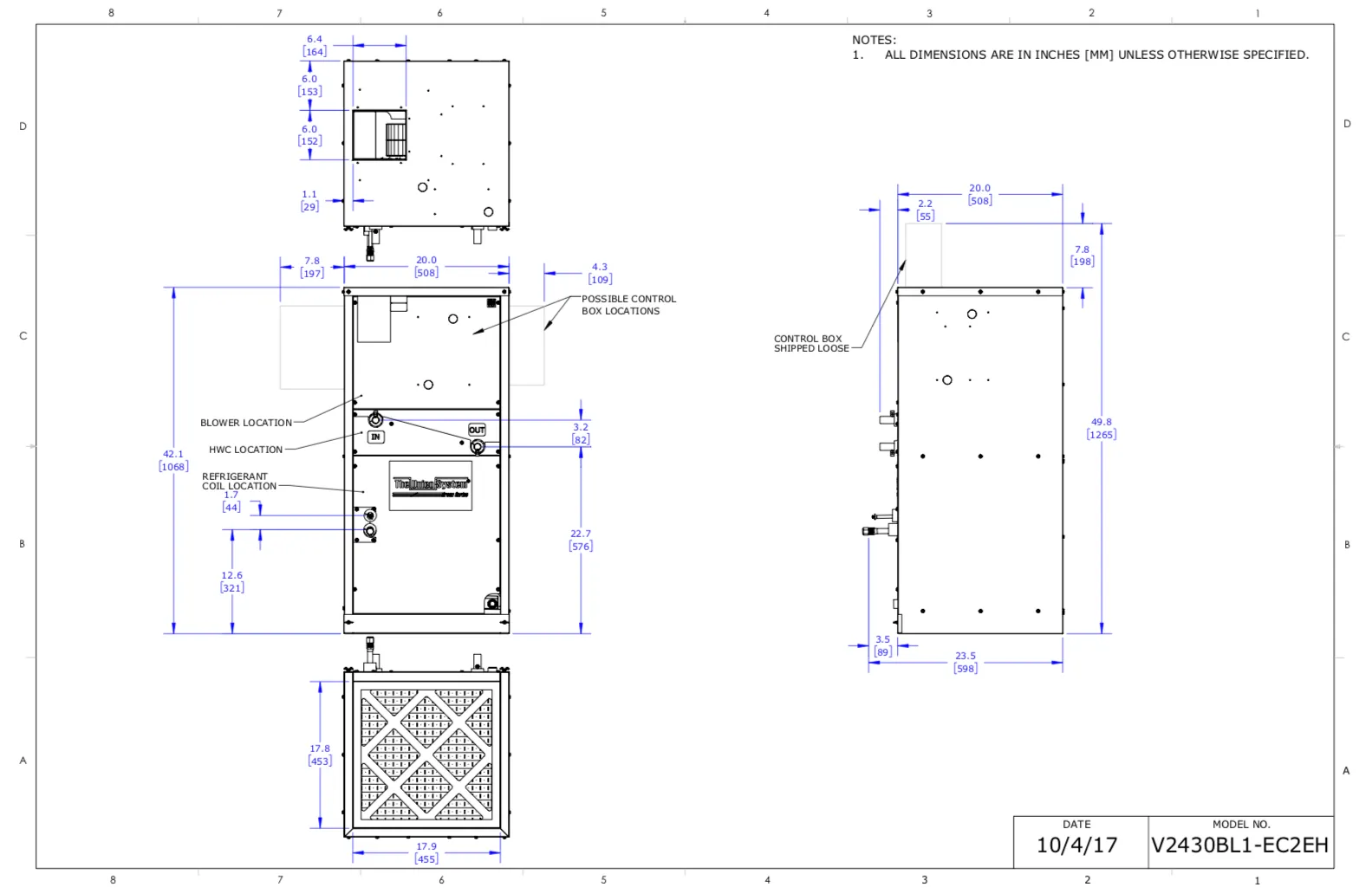 V2430B-1EC2EHC - Vertical Air Handler, SCB, Variable Speed, 120V - 208/230V, 4 Row Coil, (HP) with HWC, E-Coated