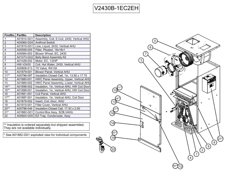 V2430B-1EC2EHC - Vertical Air Handler, SCB, Variable Speed, 120V - 208/230V, 4 Row Coil, (HP) with HWC, E-Coated