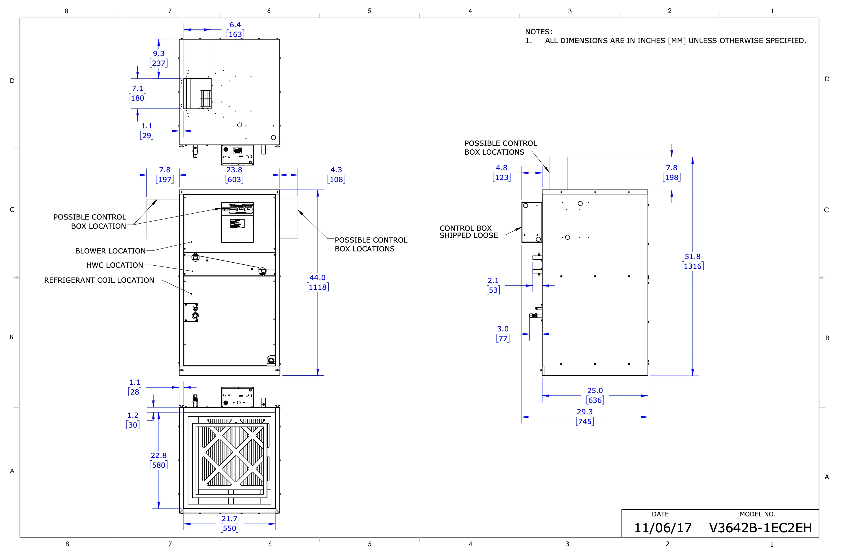 V3642B-1EC2EHC - Vertical Air Handler, SCB, Variable Speed, 120V - 208/230V, 4 Row Coil, (HP) with HWC, E-Coated