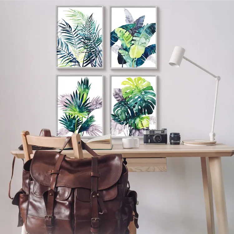 Various Tropical Palm Fans Green Blue Plants 20" x 16" Gray Framed Wall Art Four-Piece Set