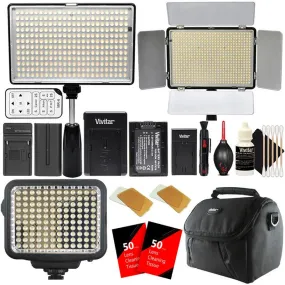 Vivitar 120, 288, and 600 LED Video Lights with Remote, Battery, Charger and Cleaning Kit