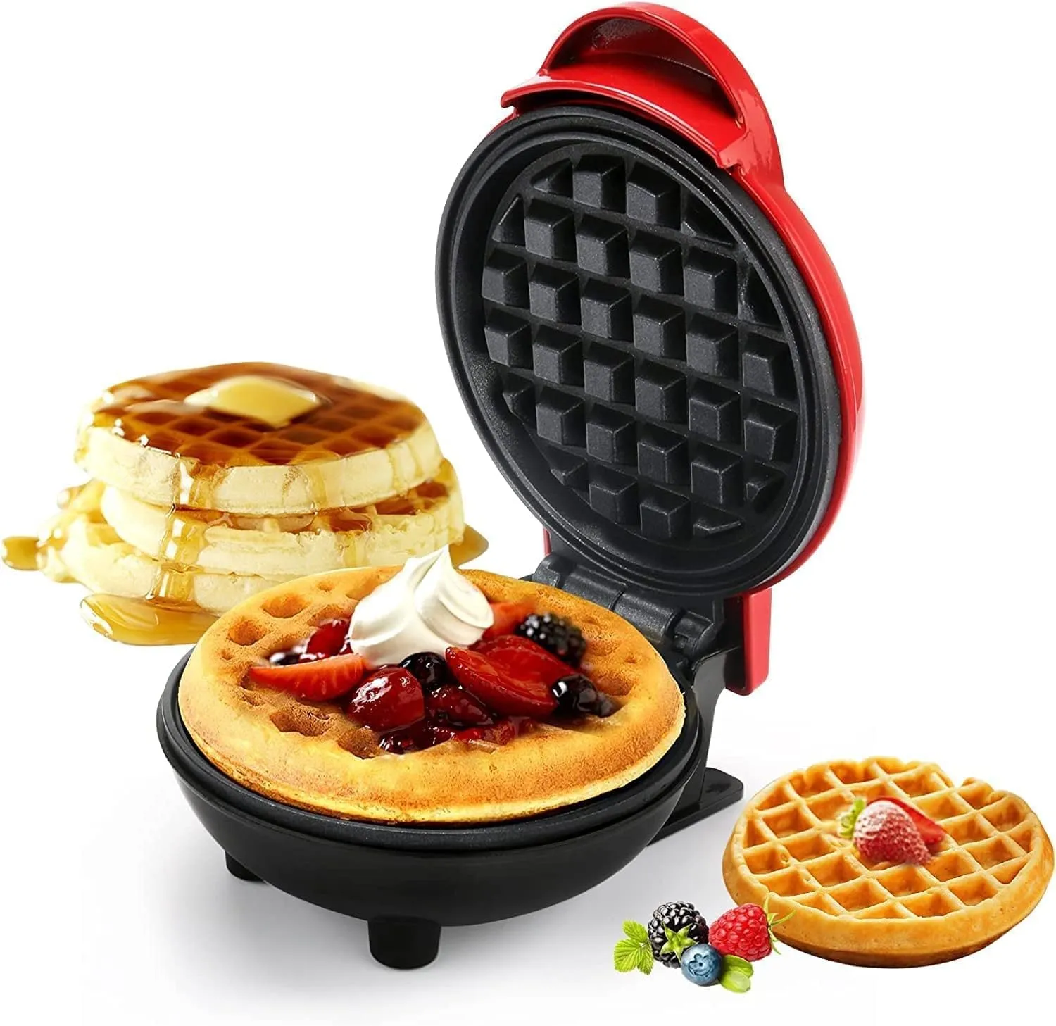 WENGONVILA Electirc Non-Stick Mini 4.5 Inch Waffle Maker Machine | Compact Size Toast, Grill, Waffle, Sandwich Maker Machine (Red Color).