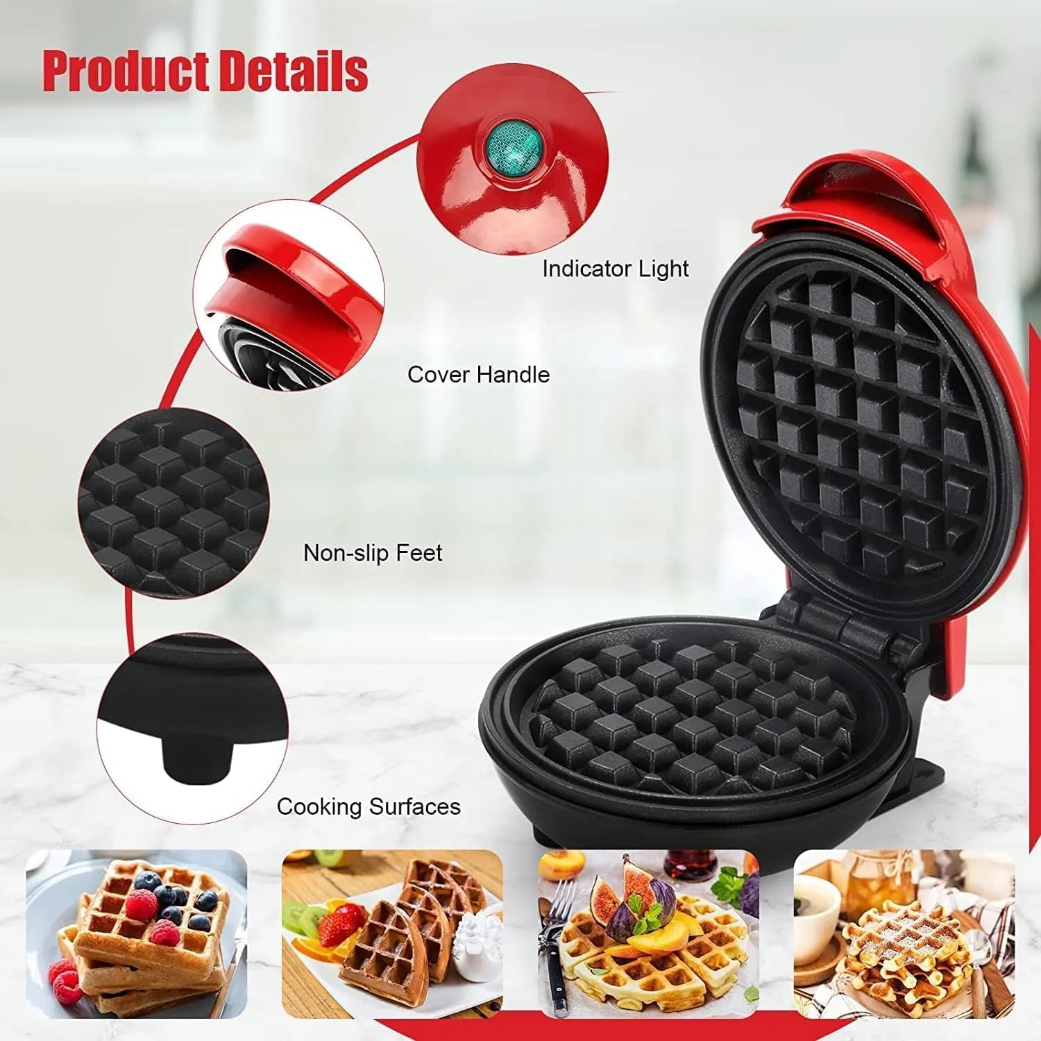 WENGONVILA Electirc Non-Stick Mini 4.5 Inch Waffle Maker Machine | Compact Size Toast, Grill, Waffle, Sandwich Maker Machine (Red Color).