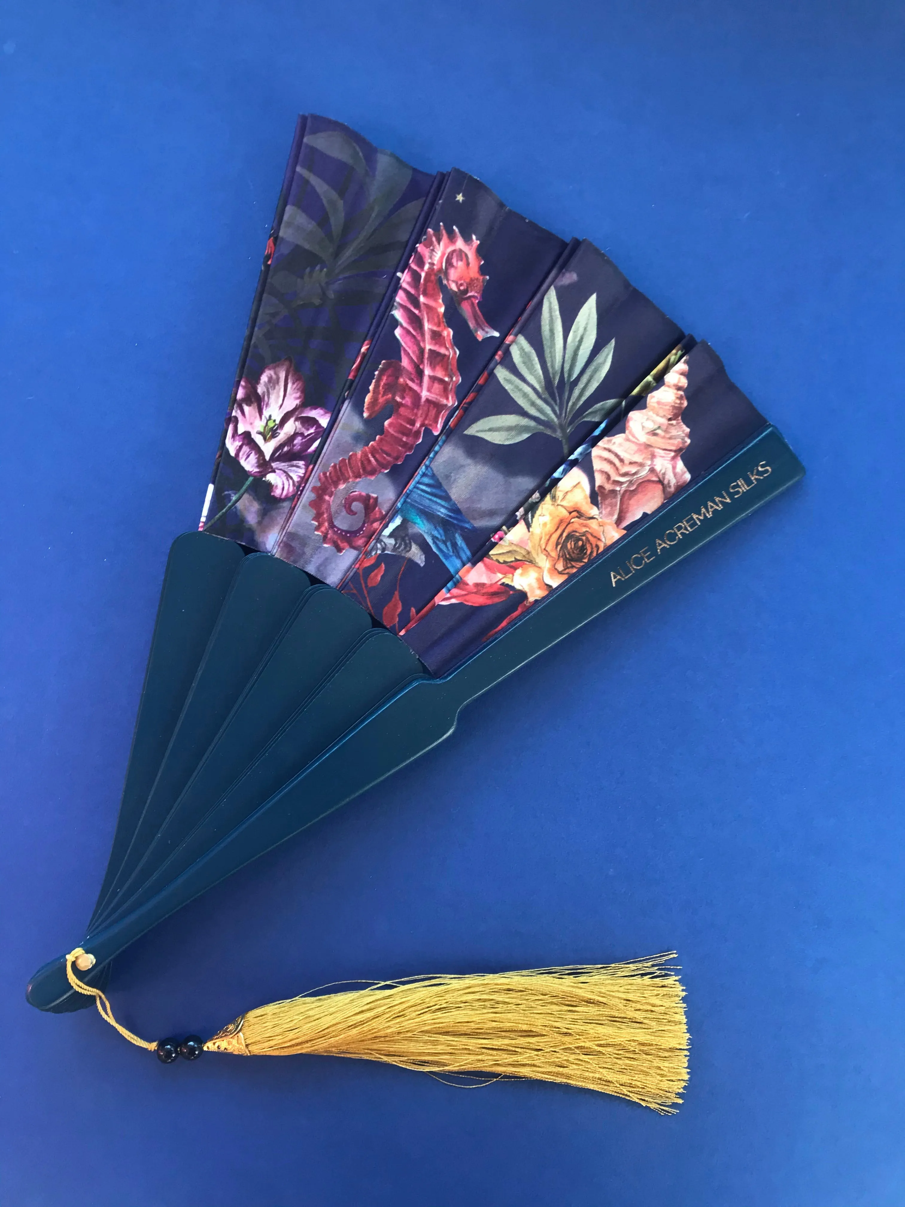 Wonderous Silk Fan with luxurious Gold tassel, part of the Mysa Collection