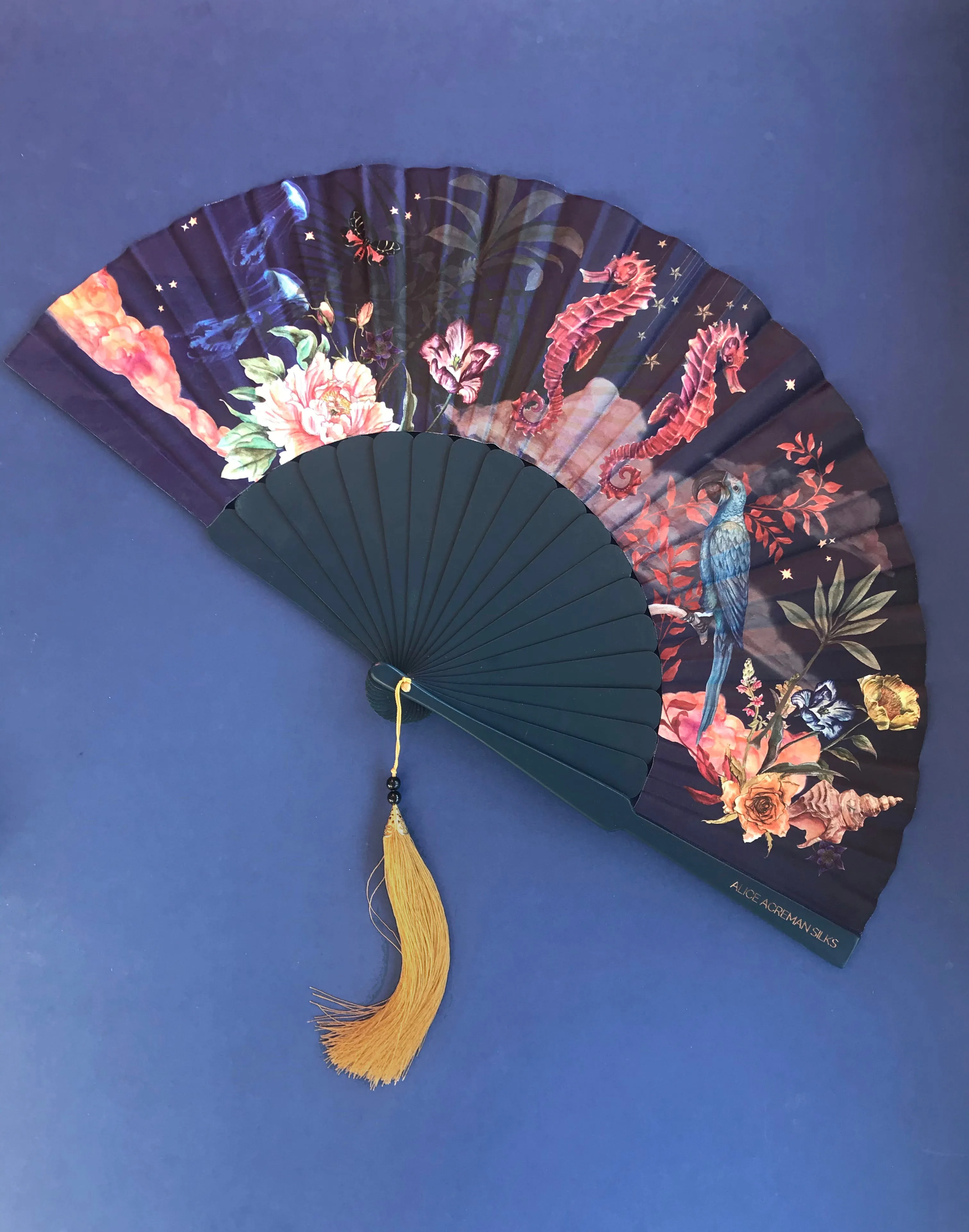 Wonderous Silk Fan with luxurious Gold tassel, part of the Mysa Collection